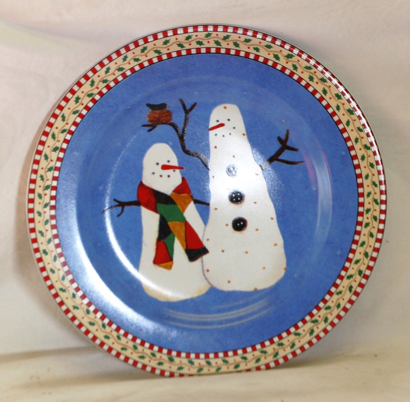 Sakura Stoneware Snowman Salad Plate Snowmen Red & White Check Band b - $16.82