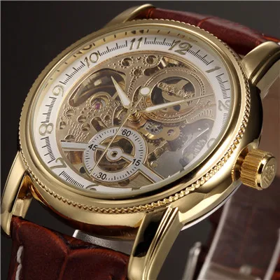 Men Wrist Watches Luxury Golden Skeleton Mechanical Steampunk Male Clock... - $38.98