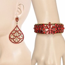 Lot- Bundle 2 Pieces Costume Jewelry Red Rhinestones Bracelet Statement Earring - £18.70 GBP