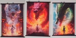 3 Japanese Anime Art Print Wall Hanging Scroll Decor White Tiger &amp; Dragons Lot - £58.05 GBP