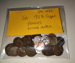 50 coins, 95% copper ** Pre 1982 pennies MIXED DATES and Mints, Circulat... - $6.79