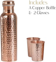Set of 3 Pure Copper Hammered &amp; Plain Water Bottle With 2 Glass 1000ml - £15.84 GBP