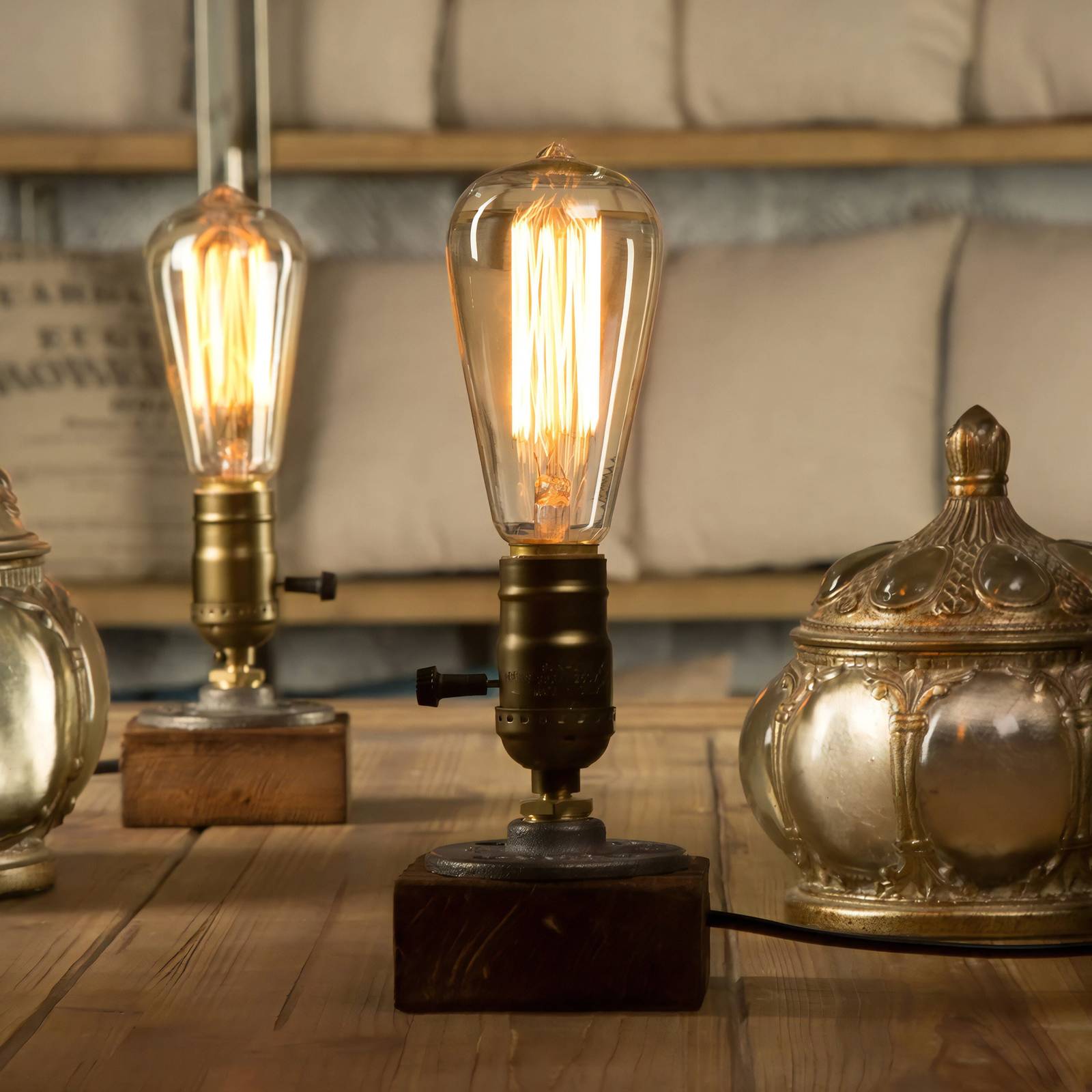 Industrial lamp Dimmable Edison Filament Lamp, Vintage Wood Desk Lamp - $42.00