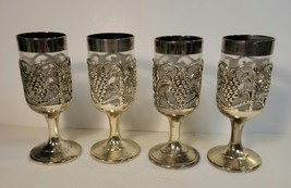 4 Small Liquour Pedestal Glasses Encased in Silver Plate Grape &amp; Vine Design - £31.93 GBP