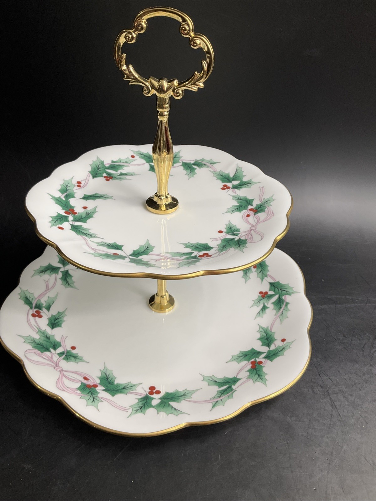Mikasa Holly Ribbon 2 Tier Serving Tray Dinner &amp; Salad Plate Pink Bone C... - $39.59
