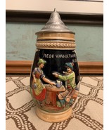 Vintage Art Pottery REDE WAHRTRINKE KLAR Metal Lidded Ceramic German Stein - $43.99