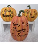 Set Of 3 Light Up Battery Orange Pumpkins Welcome Hello Fall Season Give... - $22.76