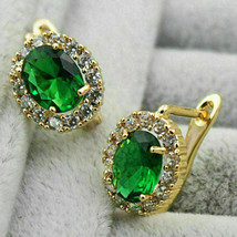 4Ct Oval Simulated Emerald Diamond Halo Stud Earrings 18K Yellow Gold Plated - £41.77 GBP