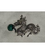 925 Silver Dragon Holding Green Jade? Ball Pin Brooch 2.25 Inch Marked EA - £118.86 GBP