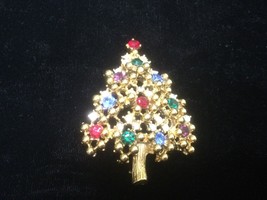 Vintage Signed EISENBURG Christmas Tree Brooch Multicolor Rhinestones Goldtone - £15.64 GBP