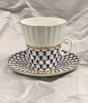 Russian Imperial Lomonosov Porcelain Bone Coffee cup and saucer Cobalt Net - $49.49