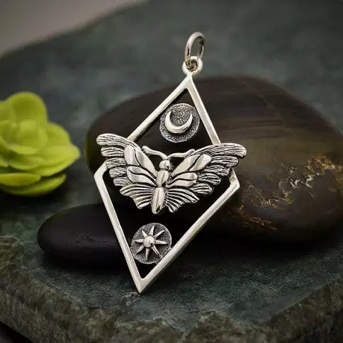 Silver Geometric Moth Charm with Sun and Moon 35x21mm - €26,97 EUR
