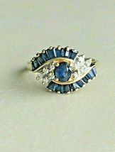 3.75Ct Oval &amp; Baguette Blue Sapphire &amp; Diamond Eye Ring 14k Yellow Gold Over - £87.71 GBP