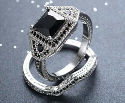 2Ct Prinzessin Schnitt Black Diamond Hochzeitsset Verlobungsring 14K Weiss Gold - £96.83 GBP