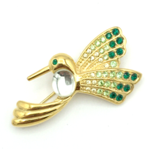 MONET jelly-belly hummingbird brooch - goldtone green rhinestone flying bird pin - £15.72 GBP