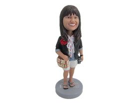 Custom Bobblehead Stylish Lady In Traveler Outfit With Camera, Handbag And A Sca - £70.32 GBP
