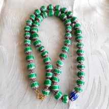 Antique Venetian inspired Green Chevron Beads Long Strand necklace 24inch - £36.40 GBP
