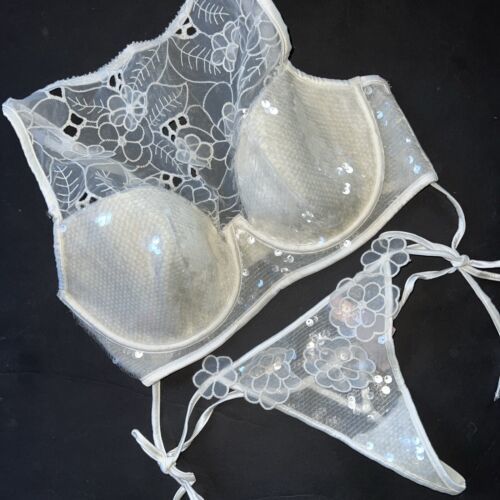 Victoria's Secret 34C,34D,34DD,34DDD BRA SET S,M,L sequin FLORAL applique WHITE