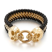 Gothic Skull Head Men's Bracelets Cowhide Leather & Stainless Steel Wristband Ma - £31.68 GBP