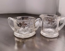 Antique Indiana Glass Co EAPG Sugar Open Creamer Set Clear Glass Silver Floral - £11.18 GBP