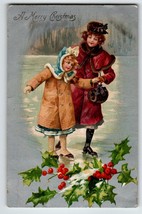 Christmas Postcard Mother And Child Girl Ice Skating Holly Leaves 1906 Undivided - £9.67 GBP