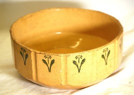 Antique Primitive Stoneware Mixing Bowl Yellow Green Flowers a - $98.99