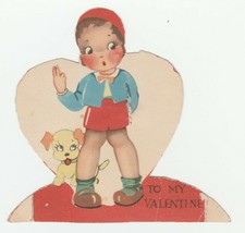 Vintage Valentine Card Boy in Shorts and Red Cap Little Dog Die Cut for Child - £5.53 GBP