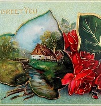 Greeting Victorian Card Postcard Cottage Red Roses Embossed 1900s Floral PCBG11B - £15.72 GBP