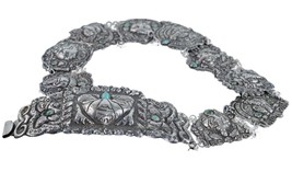 27.75&quot; c1920&#39;s Mexican Sterling Silver Repousse Turquoise Aztec belt - $675.68