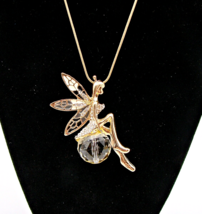 Fairy Tinkerbell Necklace Enamel Wings Rhinestones Gold Tone Angel Fantasy 18&quot; - £14.06 GBP