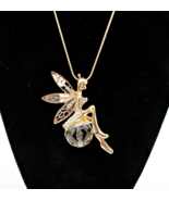 Fairy Tinkerbell Necklace Enamel Wings Rhinestones Gold Tone Angel Fanta... - £13.61 GBP