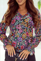 Multicolor Floral Print Ruffled Long Sleeve V-Neck Blouse - $25.60