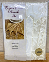 Damask Scroll Tablecloth &amp; 6 Napkins Set Polyester Gold 70”  Round - £25.18 GBP