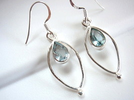 Faceted Blue Topaz Earrings Teardrop in Hoop 925 Sterling Silver Dangle Drop New - $20.69