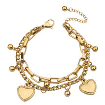 FINE4U B273 Stainless Steel Heart Charm Bracelet Double Layered Figaro C... - $14.86