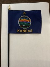 New Kansas State Mini Desk Flag - Black Wood Stick Gold Top 4” X 6” - £6.32 GBP