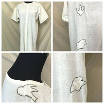 Antique Nightgown size L White Cotton Embroidered Birds Clouds Snap Front DS5 - £23.73 GBP