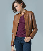 Women Leather Jacket Brown Cafe Racer Pure Lambskin Size XS S M L XL XXL - £110.51 GBP