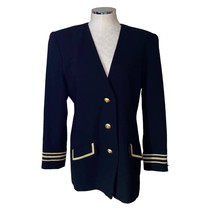 Lord &amp; Taylor Vintage Collarless Wool Blazer Jacket in Black/Gold Size 12 - $55.79