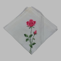 Vintage Ladies Hankie Embroidered Pink Floral  Roses Rosebud Single Stem Hanky - £14.66 GBP