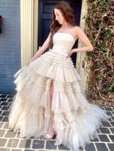 Champagne A-Line Strapless Ruffled Tiered Tulle Long Prom Dress - £135.09 GBP