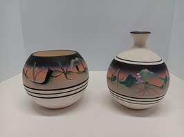 NEW WEST POTTERY Hand Painted Southwestern Bowl &amp; Water Jug Signed Desert Flower - £44.73 GBP
