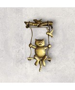 Vtg JJ Cat on a Tree Swing Brooch, Signed Bronze Color Lapel Pin, Retro ... - $231.71 MXN