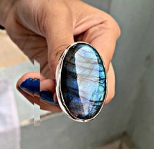 Blue Flash Labradorite Big Oval cabochon Ring 925 Solid Silver Ring For Her - £15.28 GBP