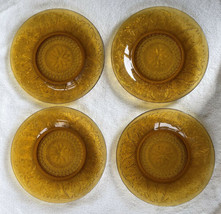Set of 4 Vintage Tiara Amber Gold Sandwich Glass Dinner Plates Mint Plate - £47.95 GBP