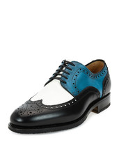 New Three Tone White Blue Black Handmade Men Party Wear Stylish Leather Shoes 20 - £115.07 GBP