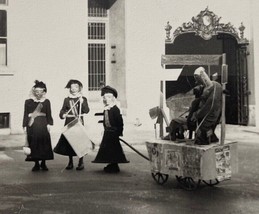 Original Creepy German Photo Kids With Masks Towing Cart With Man 1940s - £14.33 GBP