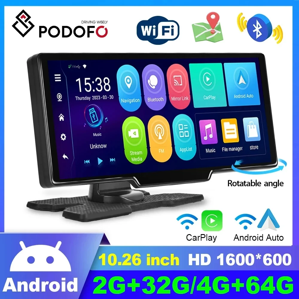 Podofo Android Car Mirror Video Player 10.26&quot; Monitor Wireless CarPlay Android - £119.50 GBP+