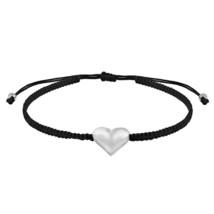 Heart Puffed with Love Sterling Silver Charm Cotton Rope Adjustable Bracelet - £12.64 GBP