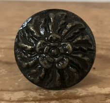 Vintage 70s Ornate Floral Oil Rubbed Antique Brass Round Drawer Knob Pul... - $26.97 CAD